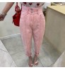 Wholesale 2022 Korean Chic Summer Sweet Cherry Blossom Powder High Waist Two Button Pockets Washed Women's Jeans