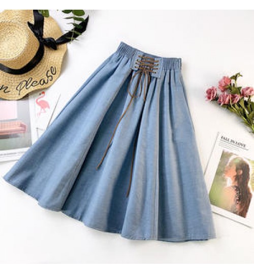 2022 Women Lady A-line Denim Midi Skirt Jeans Dress New Fashion Loose String Elastic Waist Solid Color Daily Wear Casual Skirt