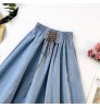 2022 Women Lady A-line Denim Midi Skirt Jeans Dress New Fashion Loose String Elastic Waist Solid Color Daily Wear Casual Skirt
