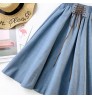 2022 Women Lady A-line Denim Midi Skirt Jeans Dress New Fashion Loose String Elastic Waist Solid Color Daily Wear Casual Skirt