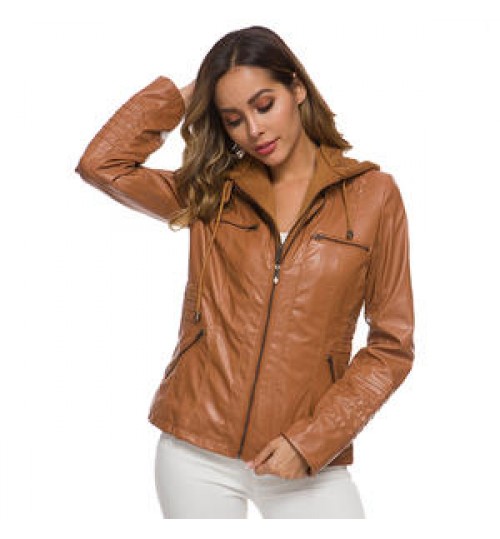 Fashion Winter Faux Leather Jacket Women's Basic Jackets Hooded Black Slim Motorcycle Jacket Women Coats Female XS-7XL