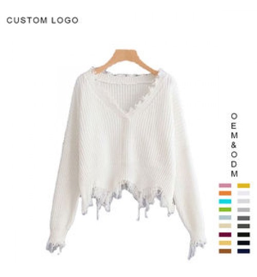 Custom Distressed Women Sweater Fringe Knitted Pullover Sweater Sexy Irregular Off Shoulder Loose Crop Top Women Ripped Sweater