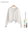 Custom Distressed Women Sweater Fringe Knitted Pullover Sweater Sexy Irregular Off Shoulder Loose Crop Top Women Ripped Sweater