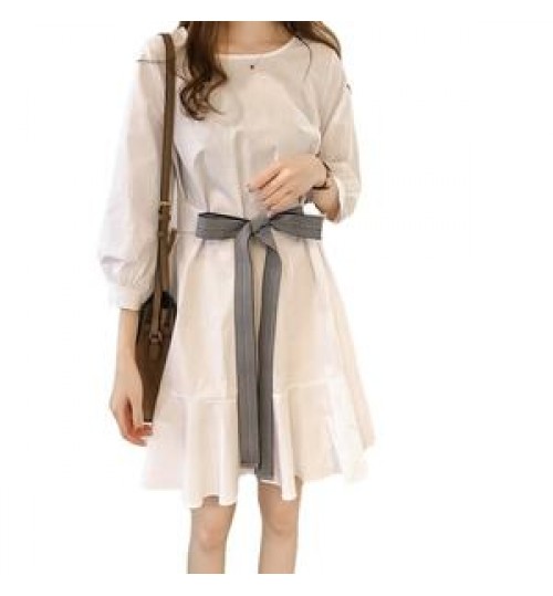 2022 Wholesale Spring Korea women's lace up bow waist dress A-line long sleeve fashion lady's o-neck white casual dress