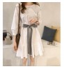 2022 Wholesale Spring Korea women's lace up bow waist dress A-line long sleeve fashion lady's o-neck white casual dress