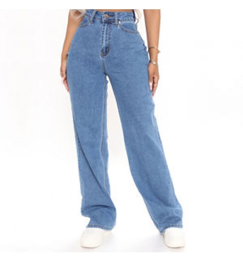 Women Denim Pants Custom Logo High Quality 100% Cotton Washed Straight Loose Fitting Wide Leg High Waist Plus Size Women's Jeans