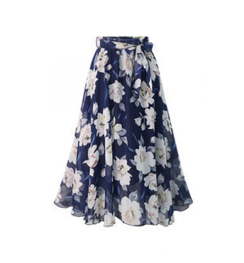 Printed Pleated Skirts Vintage Floral Pattern High-Waist Skirt Casual A-Line Women's Long Skirt