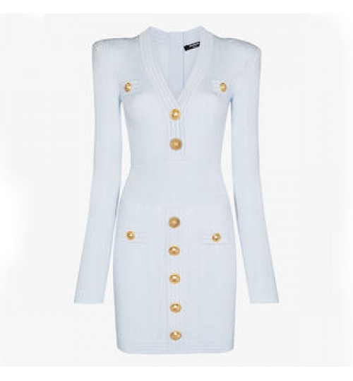 Clothing manufacturer's new design v neck long sleeved ribbed knitted bandage luxury women's dress