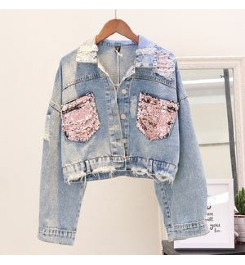 Custom Fashion Design Sequin Patches Denim Jacket Clothing Washed Sequin Denim Jacket Women Made In China