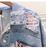 Custom Fashion Design Sequin Patches Denim Jacket Clothing Washed Sequin Denim Jacket Women Made In China