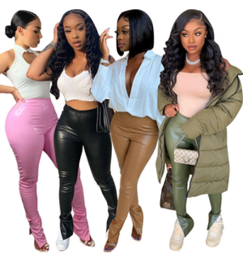 Fall clothing for women new style high waist stretch pu leather pants sexy slim-fit casual split pants pencil women pants