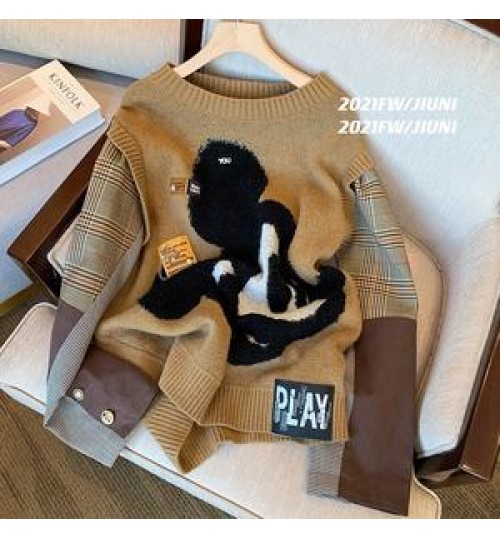 2022 spring new stitching cartoon sweater women's niche design loose lazy wind knitted top trendy