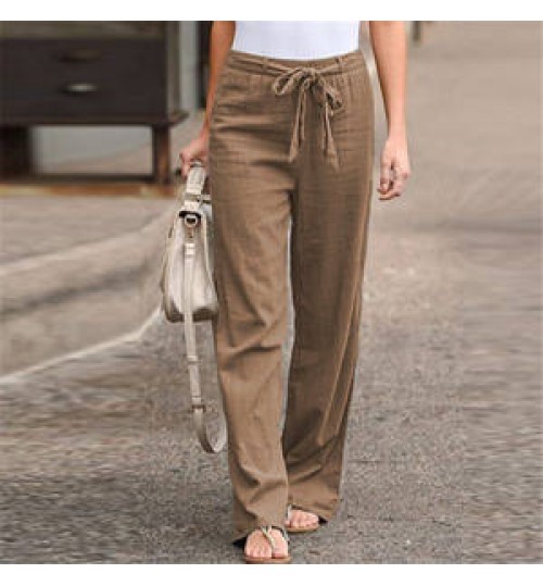 2022 Spring New Fashion Elastic Waist Solid Color Cotton Women Trousers Linen Wide Leg Pants