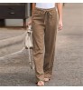 2022 Spring New Fashion Elastic Waist Solid Color Cotton Women Trousers Linen Wide Leg Pants