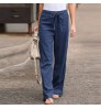 2022 Spring New Fashion Elastic Waist Solid Color Cotton Women Trousers Linen Wide Leg Pants
