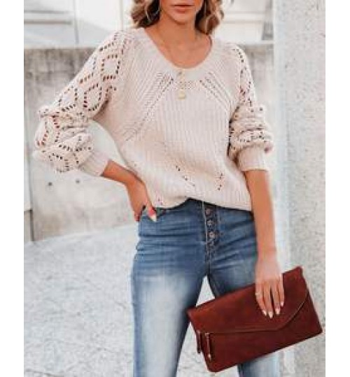New Autumn women Fall Long Solid color Puff Hollow out Sleeve Pullover Sweaters Plus size chenille tapestry sweaters Tops