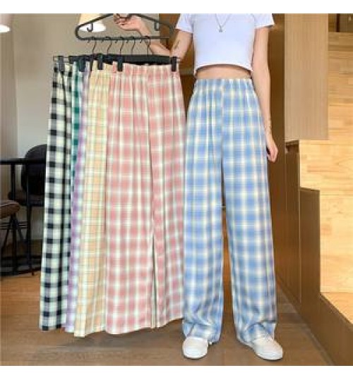 Summer High Waist Wide Leg Pants Women High Waist Casual Pants Plaid Loose Straight-leg Pants