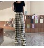 Summer High Waist Wide Leg Pants Women High Waist Casual Pants Plaid Loose Straight-leg Pants