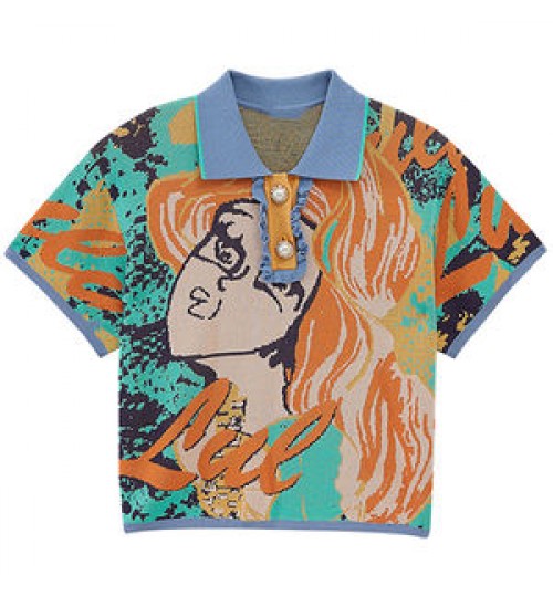 OEM Custom Logo Fashionable Jacquard Ladies Knitwear Pullover Turn Down Collar Knit Jumper Top Women Sweater