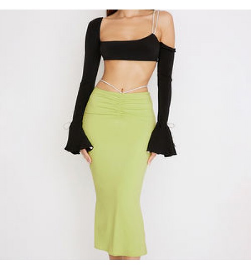Source Factory Oem Women Clothing Lime Crystal Strap Midi Skirt
