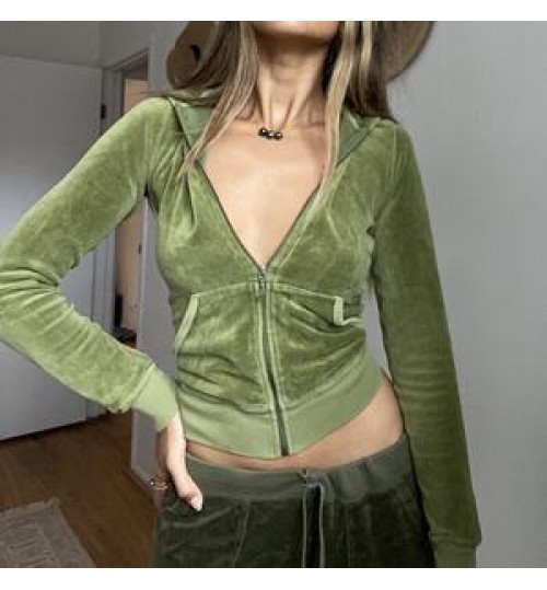 customized Casual Velvet Crop Top Winter Jacket Women Green Pink Zip Up Hoodies Coats Ladies Fashion Skinny Overcoat Streetwear