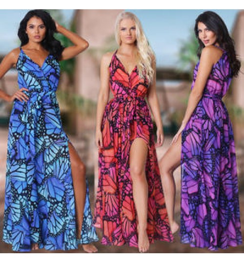 2022 Summer Women Fashion Casual Dresses Sexy V Neck Sleeveless Side Slit Tropical Floral Bohemian Beach Long Dresses