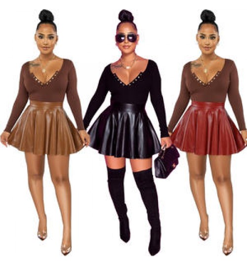 Sexy Solid Color PU Leather Swing Women's Skirts Mini Skirts