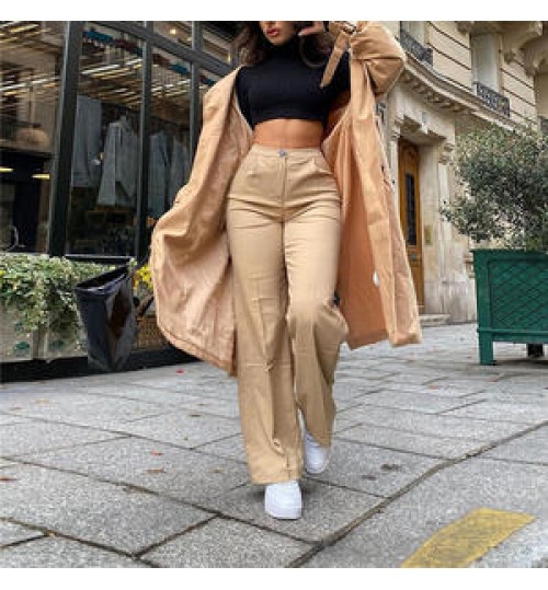 Spring Fashion Full Body Print Casual High Waist Khaki Straight Leg Long Suit Women's Pants & Trousers