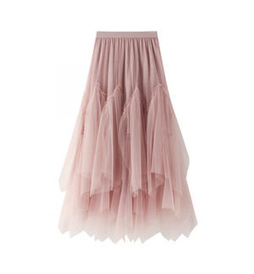 Spring and autumn women's lace irregular solid high waist pleated A-line skirt