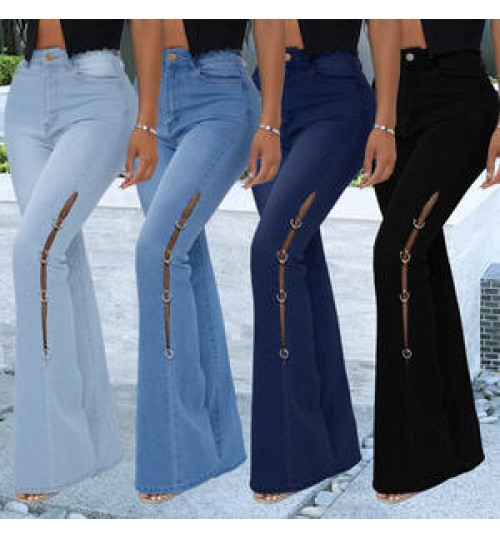 Hot Sell Side Chain Patchwork Denim Jeans Women Flared Trousers High Waist Stretch Slim Ripped Jeans Cargo Pants Street Wear