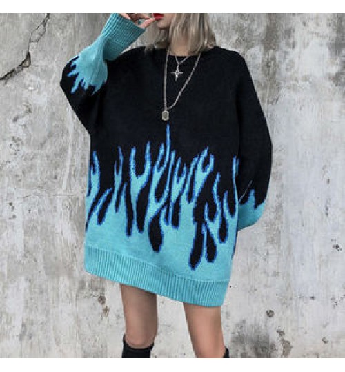 Hip-hop Style New Trend Sweater Couple Pullover Knit Female Flame Jacquard Women's Sweater Top Loose Men's Sweater