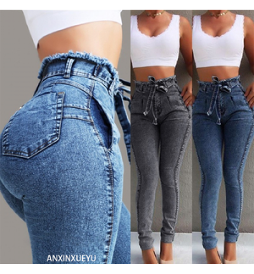 2021 fashion High Waist Jeans For Women Slim Stretch Denim Jeans Bodycon Tassel Belt Bandage Skinny Push Up Jeans Women