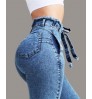 2021 fashion High Waist Jeans For Women Slim Stretch Denim Jeans Bodycon Tassel Belt Bandage Skinny Push Up Jeans Women
