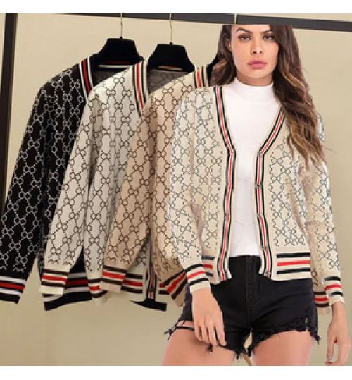 European style winter latest best selling loose CUCCI fashion floral casual long sleeve v-neck women Knit cardigan sweater