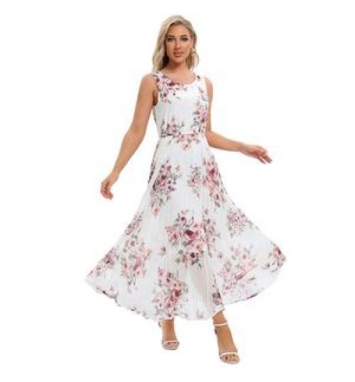 Women's Summer Elegant Crew Neck Sleeveless Dress Pink Floral Chiffon Printed Casual Long Pleated Chiffon Dresses