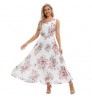 Women's Summer Elegant Crew Neck Sleeveless Dress Pink Floral Chiffon Printed Casual Long Pleated Chiffon Dresses