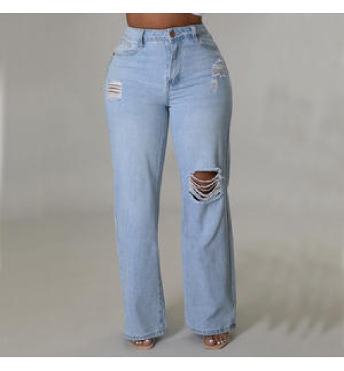 FS6730A New Arrivals Fashion Loose Light Blue Denim Pants Wide Leg Ripped Jeans For Women