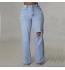FS6730A New Arrivals Fashion Loose Light Blue Denim Pants Wide Leg Ripped Jeans For Women