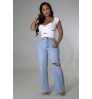 FS6730A New Arrivals Fashion Loose Light Blue Denim Pants Wide Leg Ripped Jeans For Women
