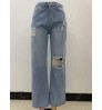 FS6730A New Arrivals Fashion Loose Light Blue Denim Pants Wide Leg Ripped Jeans For Women