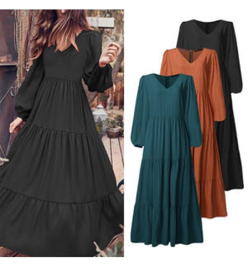 Wholesale New Women Lady Girls Summer Spring Long Sleeve Solid Color Dresses V-Neck Long Casual Beach Holiday Loose Long Dress