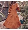 Wholesale New Women Lady Girls Summer Spring Long Sleeve Solid Color Dresses V-Neck Long Casual Beach Holiday Loose Long Dress