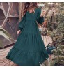 Wholesale New Women Lady Girls Summer Spring Long Sleeve Solid Color Dresses V-Neck Long Casual Beach Holiday Loose Long Dress