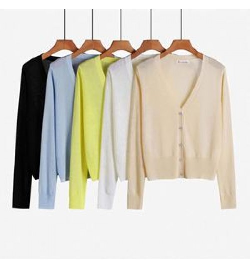 Summer Wholesale Long-Sleeved Thin Coat Ice Silk Knitted V-Neck Women's Sweater Cardigan