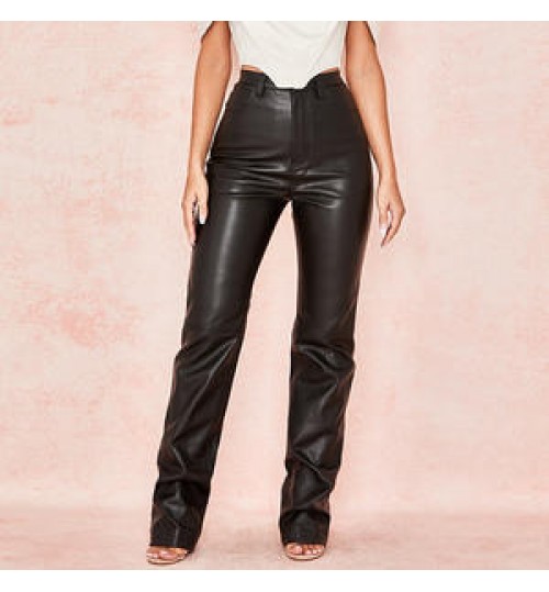 Wholesale Ladies PU Trousers Fall Winter Fashion Clothing High Waist Thick Solid Black Leather Pants Women