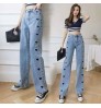 Jeans Women's 2021 New Embroidered Love Wide Leg Pants Thin High Waist Draping Loose Straight Mopping Pants