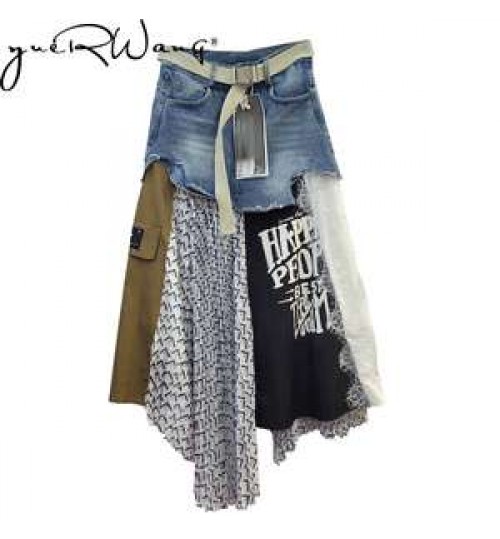 Getspring Women Skirt Long Patchwork Denim Skirt Stitching Irregular High Waist Loose Leisure Asymmetrical Pleated Skirt 2022