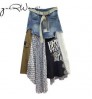 Getspring Women Skirt Long Patchwork Denim Skirt Stitching Irregular High Waist Loose Leisure Asymmetrical Pleated Skirt 2022