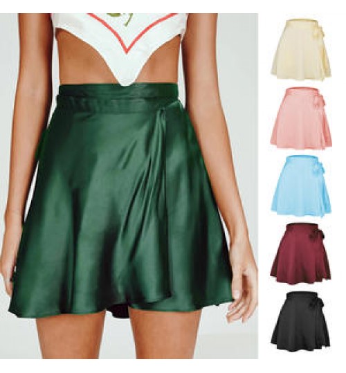 Women's High-Waisted Self Belted Overlap Mini Skater Skirt Ladies Lace-Up Chiffon Satin Flared Wrap Pleated Faldas Short Skirt