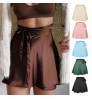 Women's High-Waisted Self Belted Overlap Mini Skater Skirt Ladies Lace-Up Chiffon Satin Flared Wrap Pleated Faldas Short Skirt